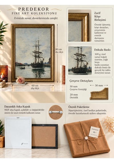 Gold Vintage 60x80 Çerçeveli Tablo - Klasik Marin Yelkenli Gemi Yağlı Boya Görünümlü 50x70cm Dokulu Baskı Deniz Temalı Lüks Duvar Sanatı
