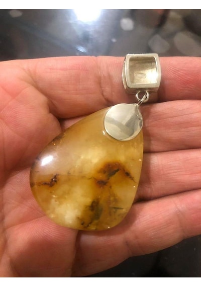 Doğal Kaya Damla Kehribar Kolye Ucu Otantik Gümüş Aparatlı 15,68 Gram