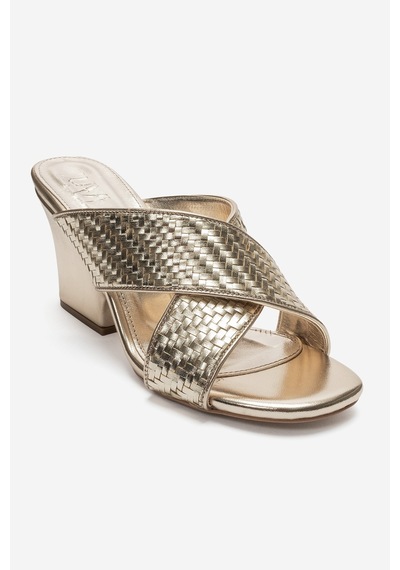 Luvi Shoes Lavean Altın Örgü Çapraz Bantlı Kadın Dolgu Topuklu Terlik
