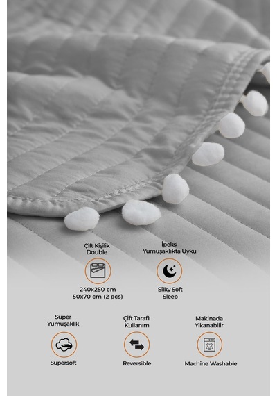 Evlen Home Collection Ponponlu Çift Kişilik %100 Pamuk Yatak Örtüsü Pike Takımı Gri