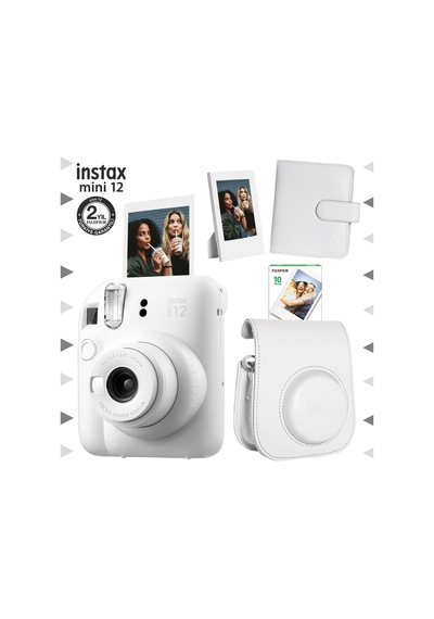 Fujifilm Instax Mini 12 Fotoğraf Makinesi + 10'lu Film + Çerçeve + Kare Albüm + Deri Kılıf Seti Beyaz