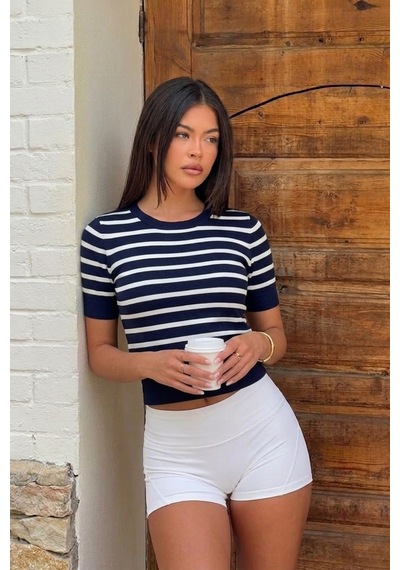 Seeh Lacivert Bisiklet Yaka Çizgili Kadın T-shirt Sh371 Baskılı