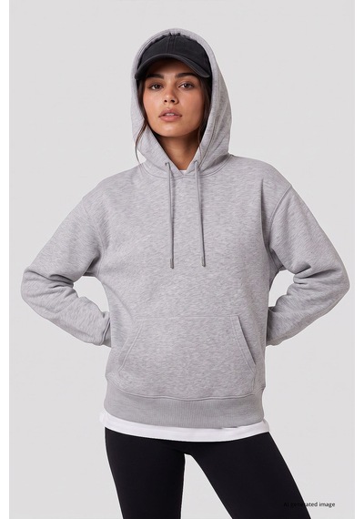 TOMMYLIFE Gri Melanj Standart Kapüşonlu Kanguru Cepli Basic Kadın Sweatshirt - 97321