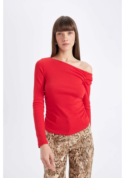 Defacto Kırmızı Slim Fit Dar Kesim Tek Omuzlu Ribana Basic Düz Uzun Kollu Tişört D4970AX24AURD117 Kırmızı