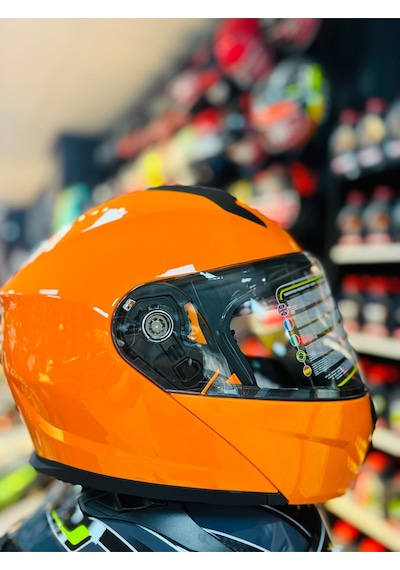 Mts 966 Çene Açılır Güneş Vizörlü Motosiklet Kaskı Kapalı Turuncu