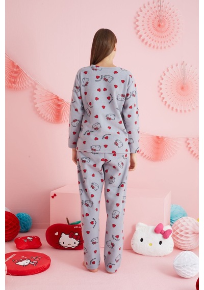 Siyah İnci Lisanslı Polar Çok Renkli Bisklet Yaka Pijama Takım Hk316 Gri