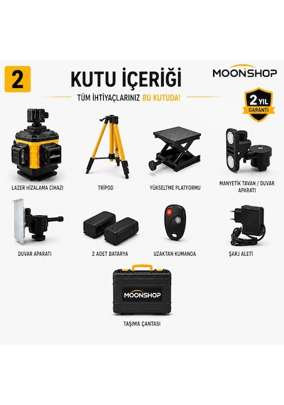 Moonshop 360 Yeşil Lazer Hizalama Seti Şarjlı 16 Çizgili Tripodlu Profesyonel Lazer Terazi
