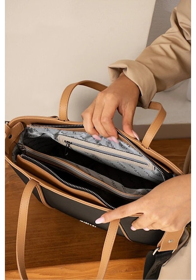 Just Polo Kadın Günlük Kullanıma Uygun Büyük Boy Ayarlanabilir Askılı Lüks El & Omuz Çantası Shoulder Bag Siyah - Taba