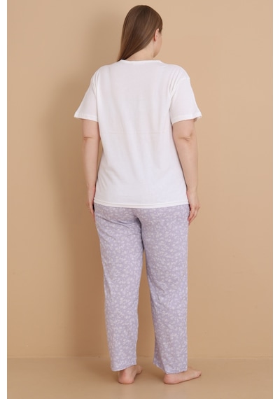 Wordex Mirano 4514 Çiçekli Kısa Kollu Pamuklu Penye Büyük Beden Kadın Pijama Takımı Ekru