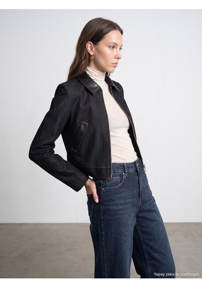 Dilvin 60826 Deri Detaylı Crop Ceket Siyah