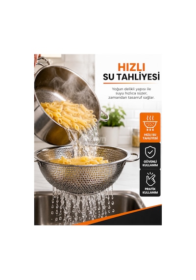 Paslanmaz Çelik Makarna Süzgeci 25 Cm Çift Kulplu Metal Sebze Meyve Yıkama Ve Süzme Kevgiri Gri