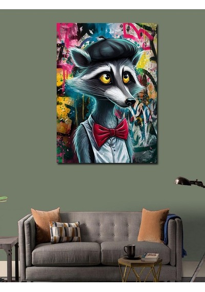 Kanvas Tablo Grafiti Ve Papyonlu Rakun 50cmx70cm