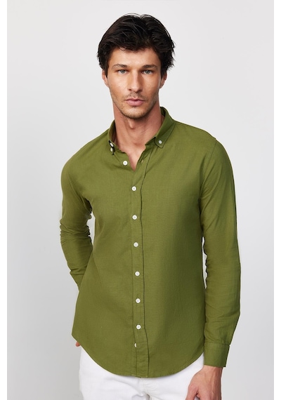 Tudors Slim Fit Uzun Kollu Biyeli Yaka Düğmeli Keten Haki Erkek Gömlek-28743-haki Haki