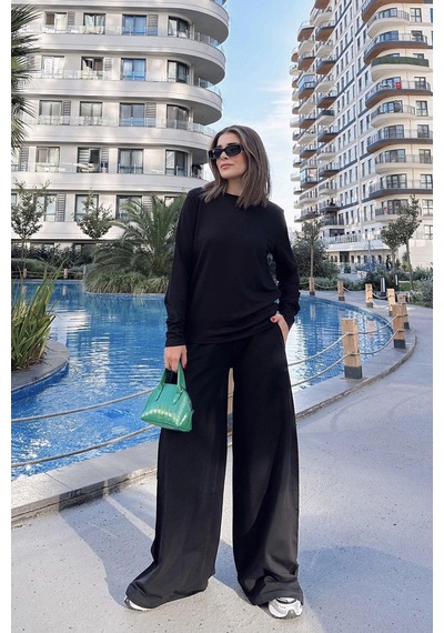 Kadın Siyah Yuvarlak Yaka Sweatshirt & Bol Paça Beli Lastikli Pantolon - Rahat Alt & Üst Takım Siyah