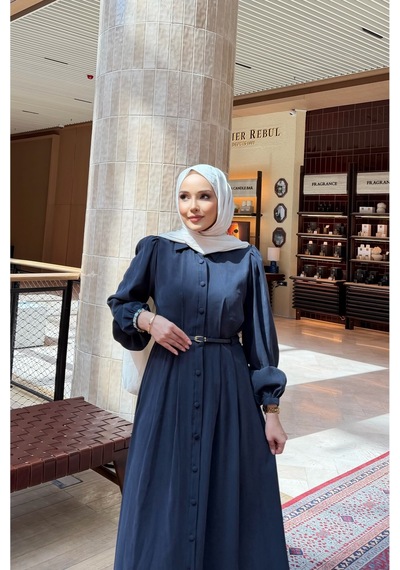 Riella Butik Nivra Kemerli Tesettür Elbise Lacivert