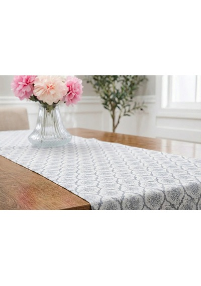 Melisa Damask Baskılı Duck Kumaş Krem Gri Runner 40x140 Cm 502 Krem