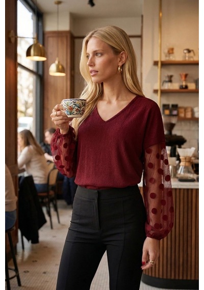 Armonika Kadın Bordo V Yaka Yarasa Kol Kolları Desenli Bluz Arm-26y001065 Armonika Kadın Bordo V Yaka Yarasa Kol Kolları Desenli Bluz Arm-26y001065