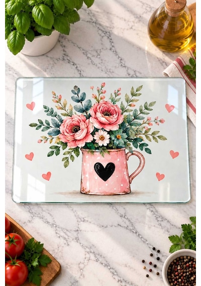 Gökçeoğlu Cam Kesme Tahtası Pembe Kupada Çiçek Temalı - Cam Kesme Tablası 20cm X 30cm Çok Renkli