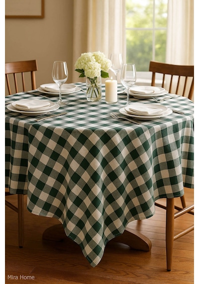 Mira Home Kareli Masa Örtüsü Sofra Bezi 160x160 Cm Happytime Yeşil