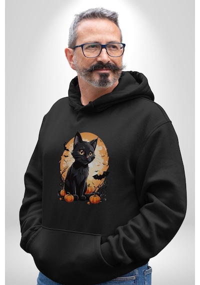 Cadılar Bayramı Kedi Kadın Erkek Siyah Kapüşonlu Sweatshirt Hoodie Siyah