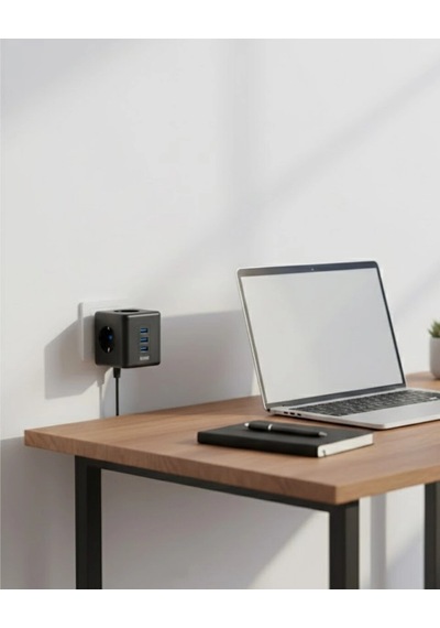 Akım Korumalı Küp Priz 3 Priz Girişi Ve 3 Usb Şarj Özellikli Standart