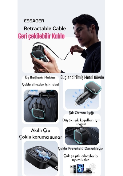 Essager 45w 3'ü 1'arada Geri Çekilebilir Kablolu Type-c+usb Araç Şarj Cihazı Hızlı Ce+rohs Lisanslı Sağlam -