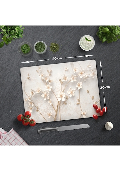 Cam Kesme Tablası - Cam Kesme Tahtası Beyaz Çiçek 30cm X 40cm