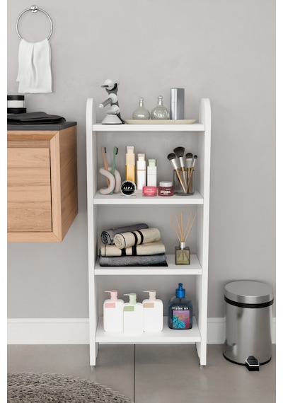 Alpaevmobilya Modern 4 Raflı Oval Kesim Banyo Düzenleyici Raf Metal Ayaklı Çok Amaçlı Raf Banyo Dolabı Açık Dolap Beyaz