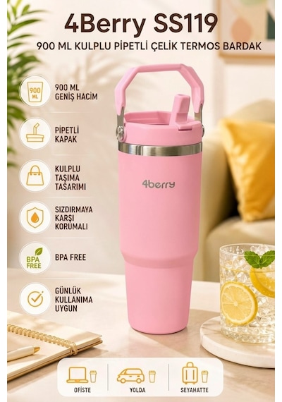 Ss119 900 Ml Çelik Termos Bardak Pipetli Kulplu Taşınabilir Su Matarası Pembe