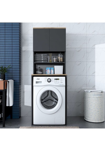 Rani Kd101 Çamaşır Makinesi Dolabı 3 Raflı Kapaklı Banyo Dolabı Antrasit - Sepet Ceviz Rani Kd101 Çamaşır Makinesi Dolabı 3 Raflı Kapaklı Banyo Dolabı Antrasit - Sepet Ceviz
