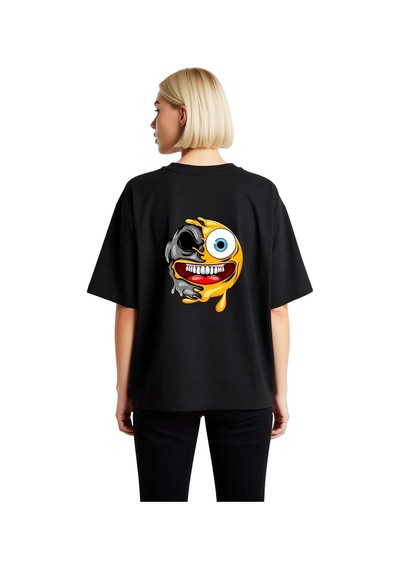 Paybuy Kadın Oversize Grafik Baskılı Tişört Eriyen Yüz Kemik Sanat Tasar Siyah