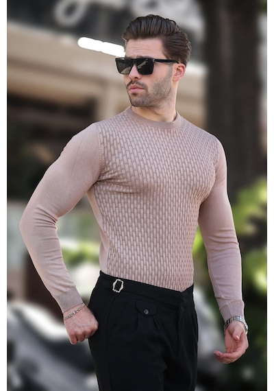 Madmext Bej Desenli Erkek Triko Kazak 7266 Bej