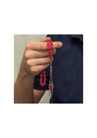 Gümüş Püsküllü Pembe Ateş Kehribar Tesbih Gümüş Gümüş