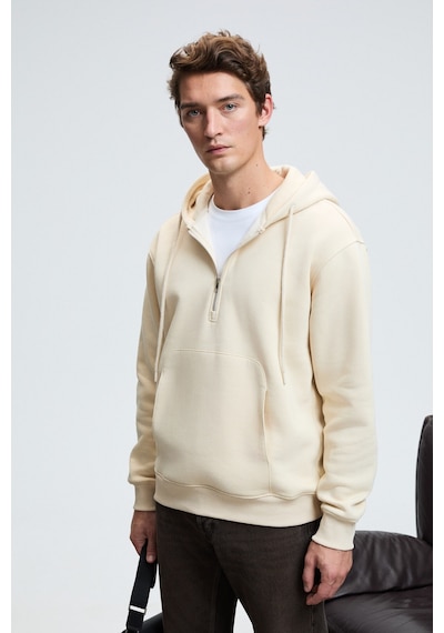 Grimelange JUSTUS Erkek Kapüşonlu Kanguru Cepli Fermuar Yakalı Krem Sweatshirt