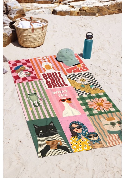 Retro İtalyan Figürlü Patchwork Plaj Havlusu - Bohem Renkli Modern Havuz Deniz Banyo Sahil Örtüsü Donuk Kumul