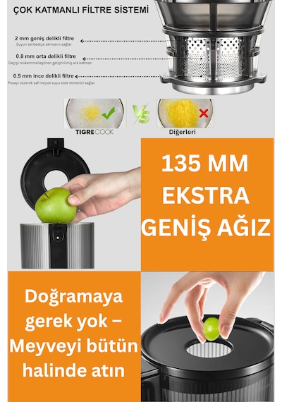Tıgrecook SJ 036 Slow Juicer Yavaş Sıkım Katı Meyve Sıkacağı Sorbe