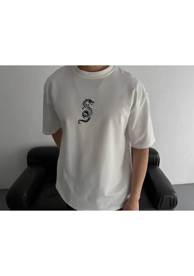 Erkek Baskılı Oversize Bisiklet Yaka Kısa Kol T-shirt - Beyaz Beyaz