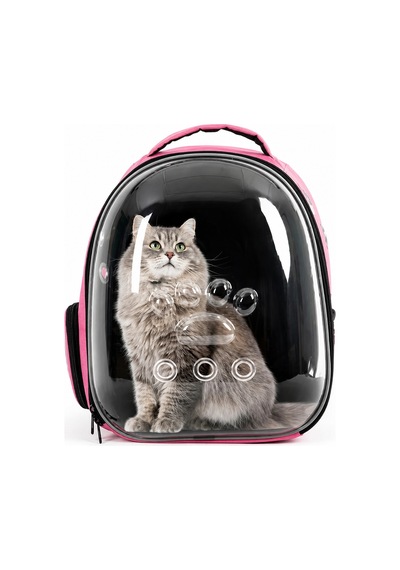Zekton Astronot Kedi Taşıma Çantası Şeffaf Pembe 34 x 26 x 40 CM + Kedi Tasması