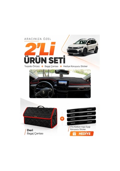 Dacia Jogger Ekranlı 2022-2026 Uyumlu Torpido Örtüsü + Deri Çanta + Sticker - Siyah Kırmızı