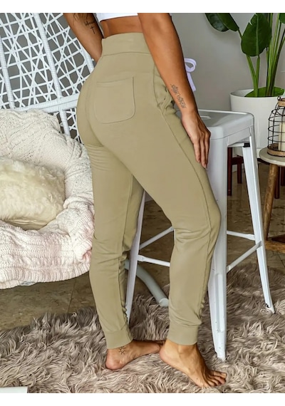 Ronanna Kadın Kısa Kollu Madonna Yaka Viskon Crop Bluz Cepli Iki Iplik Eşofman Takım Bej