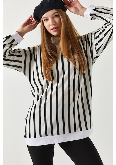 Armonika Kadın Siyah Çizgili Yuvarlak Yaka Oversize Sweatshirt Arm-22y001191