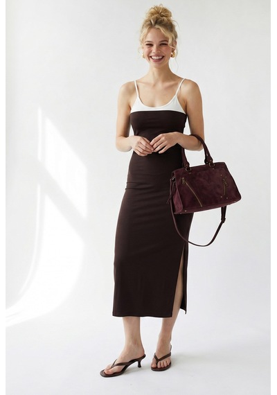 Mixray 2132 Kadın Bodycon Vücudu Saran Askılı Yırtmaçlı Maxi Elbise Kahve