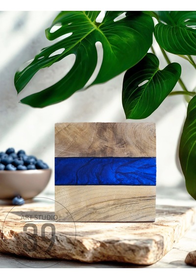 Ceviz & Mavi River Epoksi Bardak Altlığı Seti 6 Lı, El Yapımı Ceviz Ahşap, 12x12 Cm, Modern & Şık Tasarım Mavi