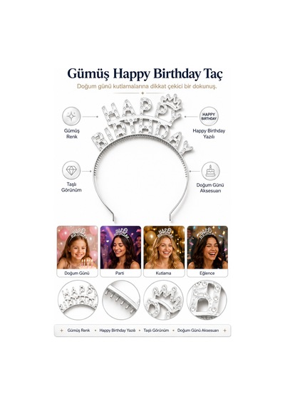 Gümüş Happy Birthday Taç Taşlı Görünümlü Doğum Günü Parti Kutlama Ve Eğlence Aksesuarı Diğer