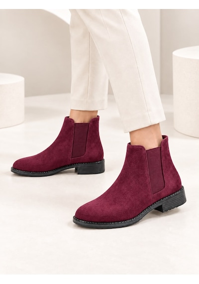 Dabab Shoes Maral Kadın Bordo Süet Yuvarlak Burun Lastik Detaylı 3 Cm Topuklu Kaymaz Taban Chelsea Bot Bootie