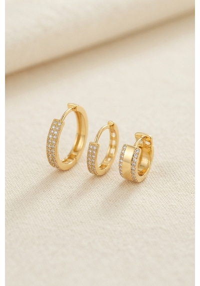 3 Lü Set Gold Renk Halka Model Küpe Çok Renkli