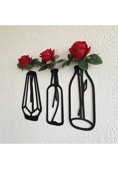 Kırmızı Gül Çiçekli Dekoratif Tablo 3 Lü Set - Siyah
