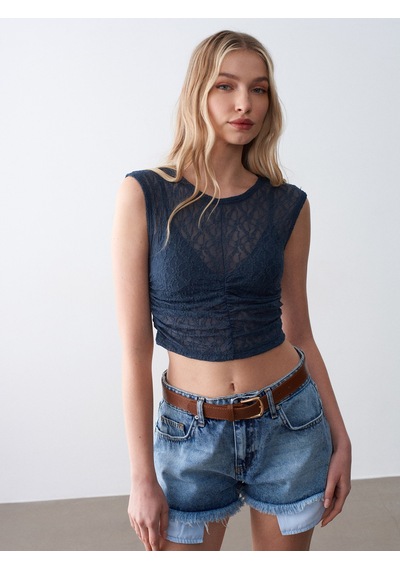 Dilvin 32492 Büzgülü Dantel Top-indigo İndigo