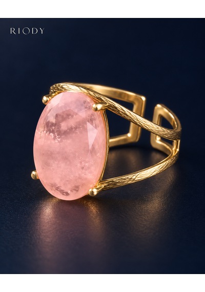 Riody Regard Rose Gold Kaplama Pembe Kedi Gözü Doğal Taşlı Ayarlanabilir Kadın Yüzük Sarı Altın