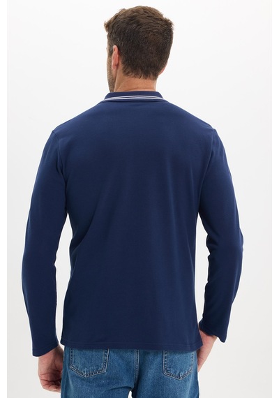 Tudors Erkek Slim Fit Dar Kesim %100 Pamuk Uzun Kollu Lacivert Polo Yaka Tişört-52783